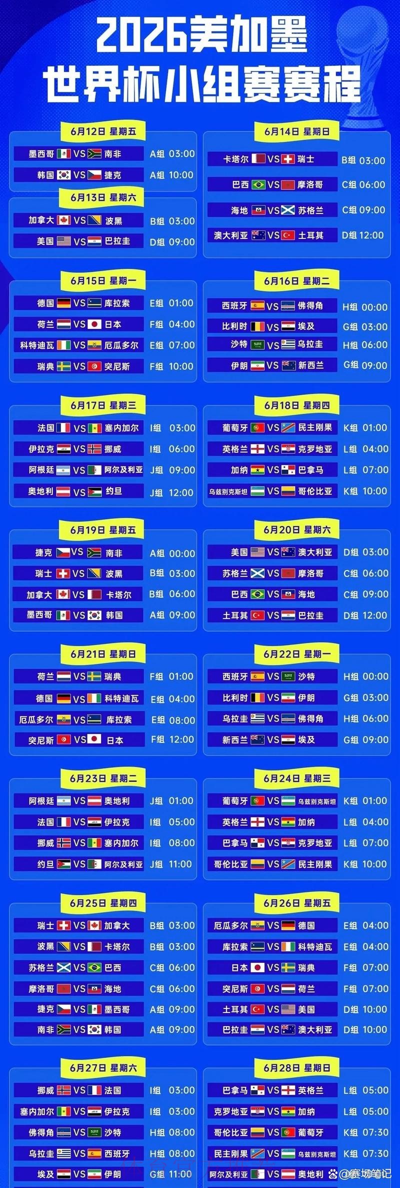 2026世界杯赛程与比赛时间详细安排 2026世界杯赛程与比赛时间详细安排